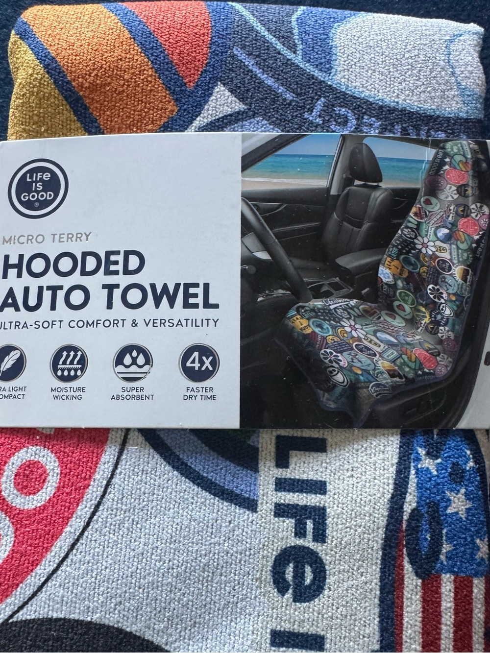 Life Is Good Hooded Auto Towel in micro terry-easy to clean,fun design,so cool😎